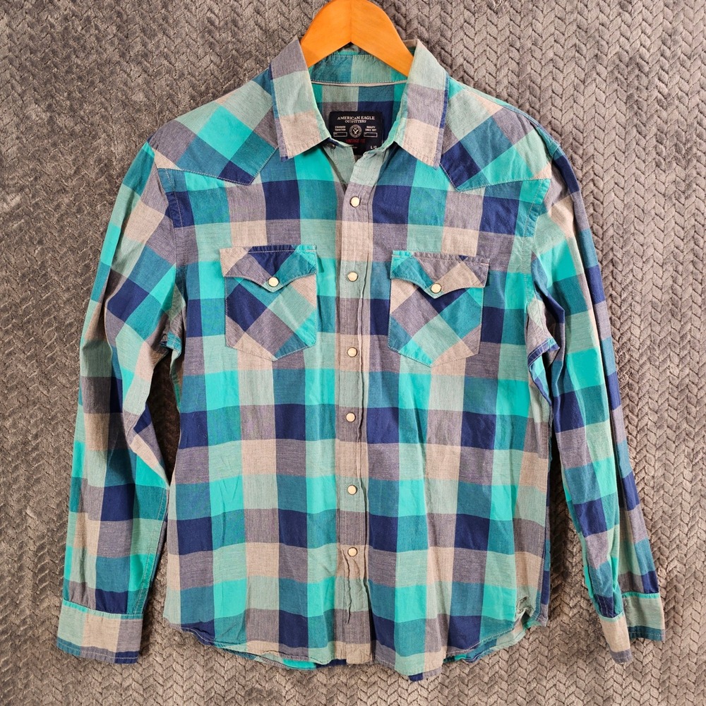 American Eagle Outfitters Plaid Long Sleeve‎ Pearl Snap Western Shirt Men's L